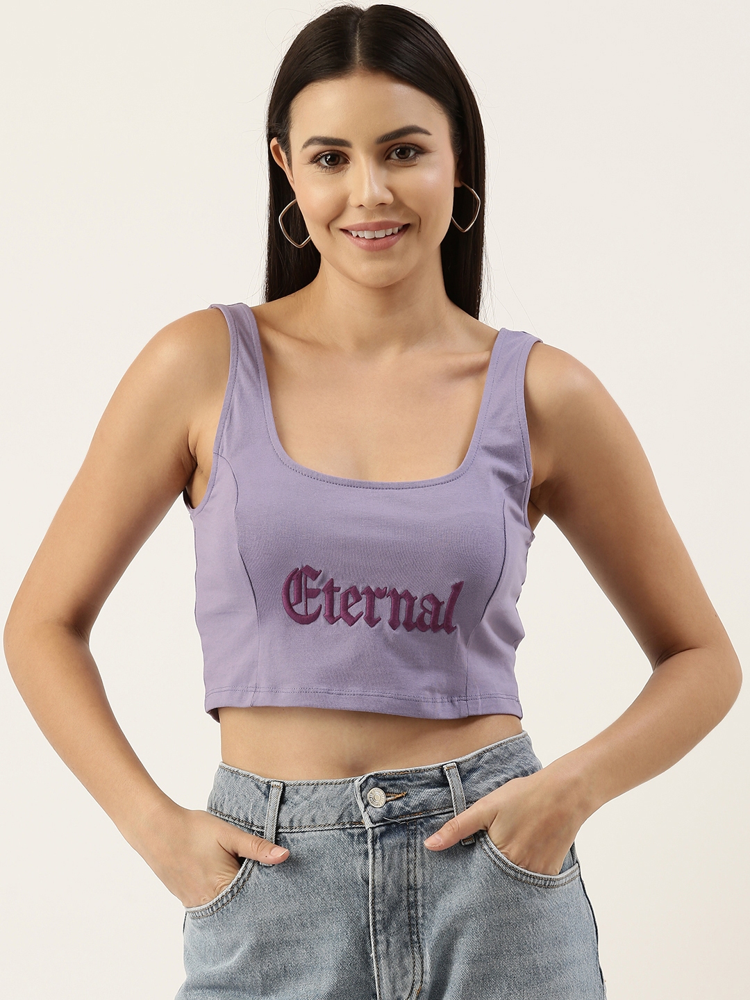 FOREVER 21 Women Lavender Typography Blouson Crop Top