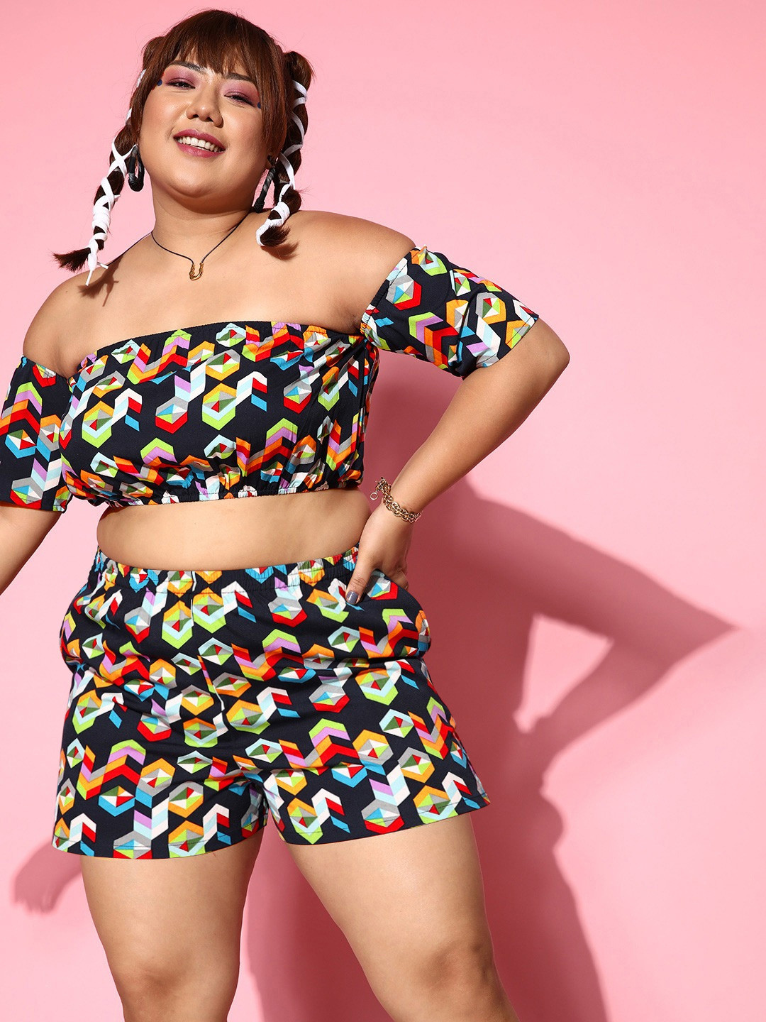 Berrylush Curve Women Deep Navy Blue Printed Top with Shorts