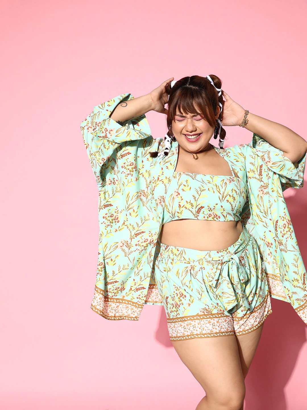 Berrylush Curve Women 3-Piece Enchanting Sea Green Printed Top with Shorts