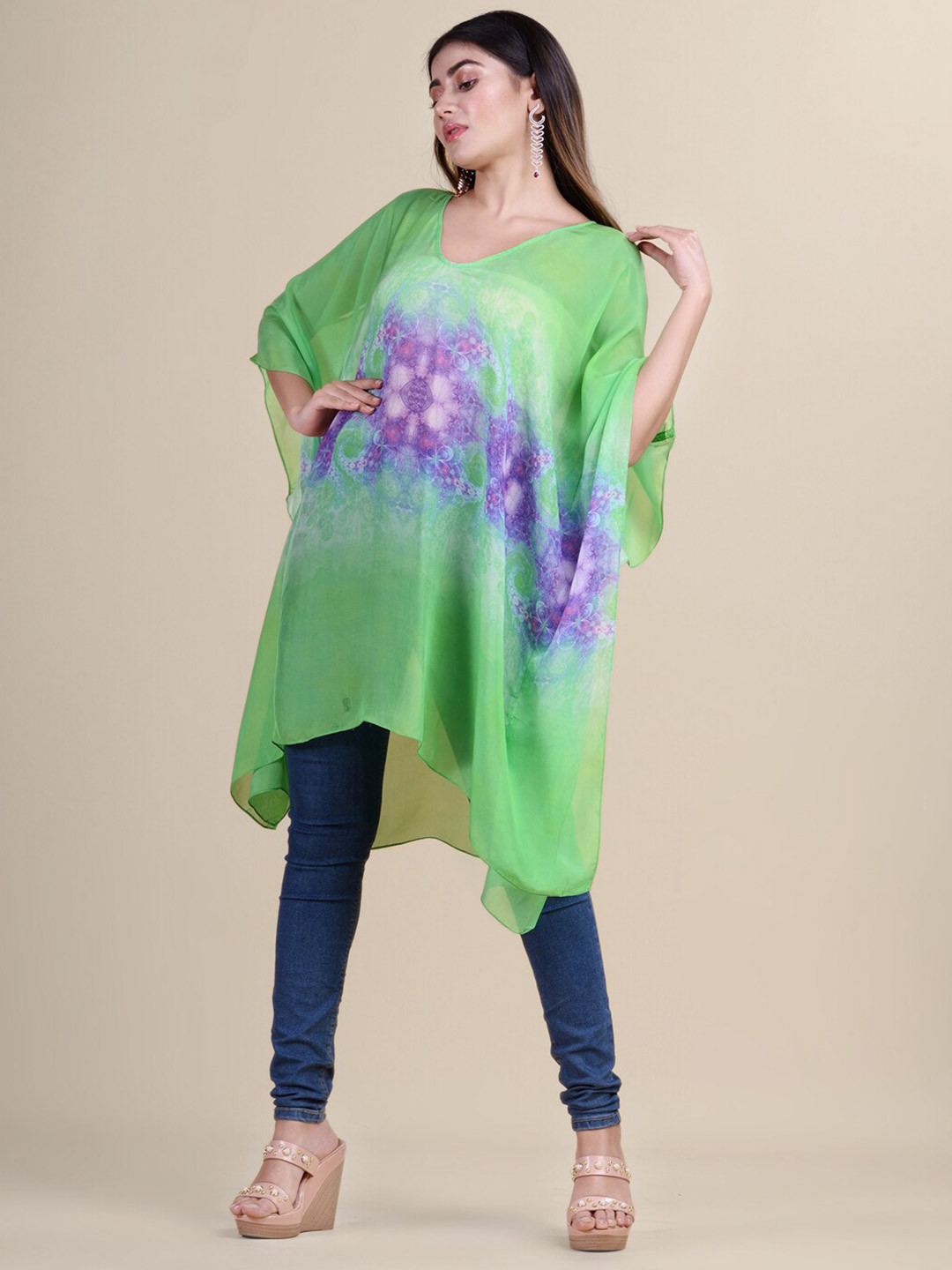 Laa Calcutta Women Green & Purple Printed Kaftan Tunic