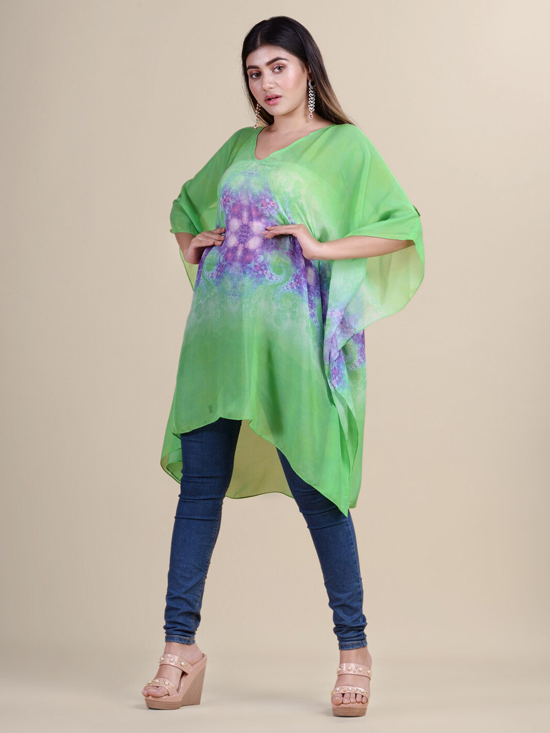 Laa Calcutta Green & Purple Printed Georgette Kaftan Tunic