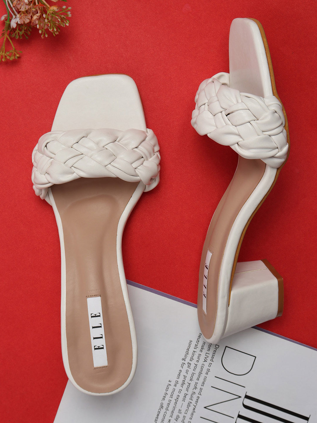 ELLE White Woven Design Block Heels