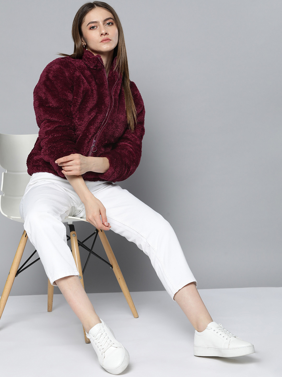 Chemistry Women Maroon Faux Fur  Open Front Jacket