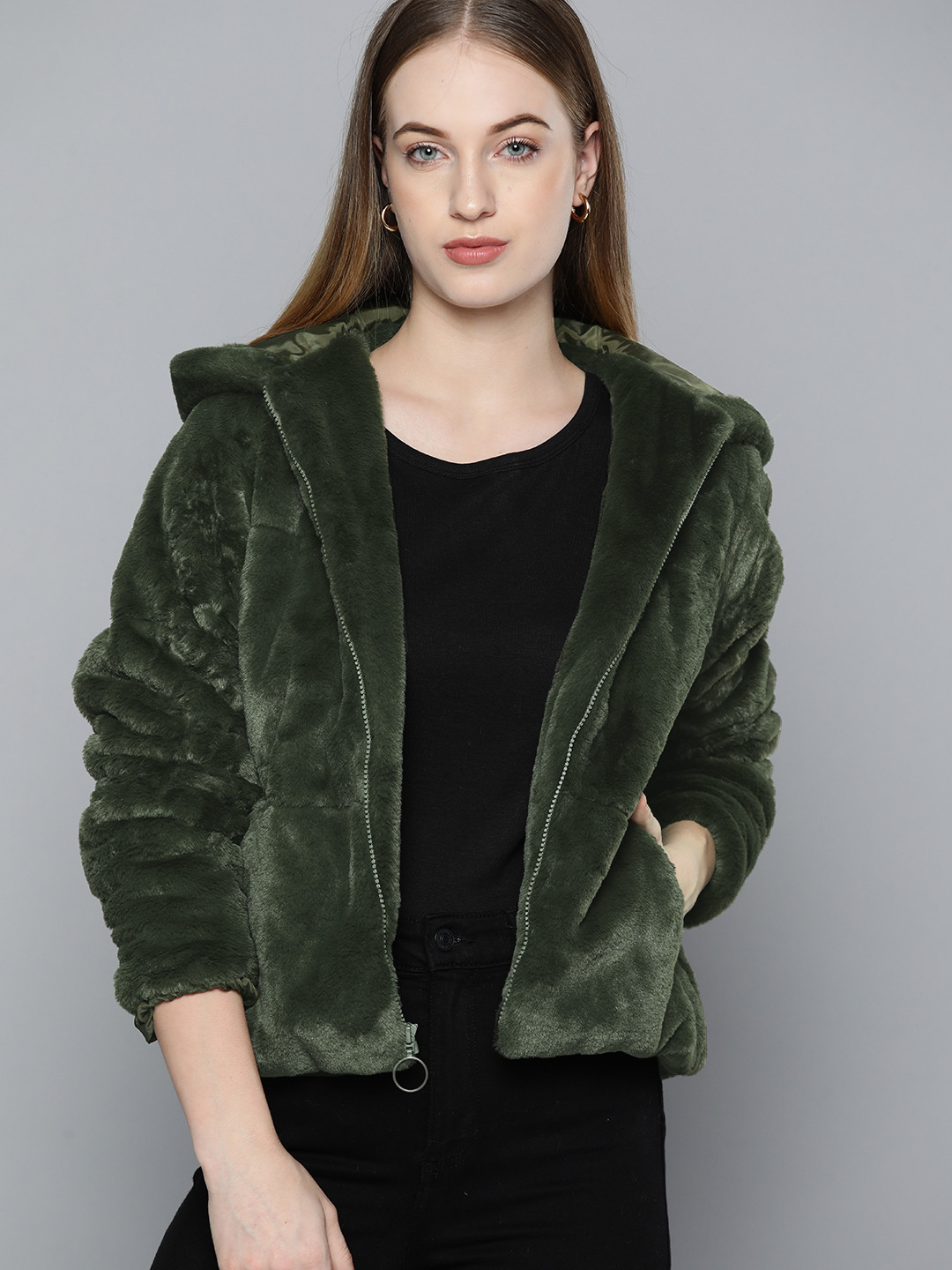 Chemistry Women Olive Green Solid Fur Sherpa Jacket