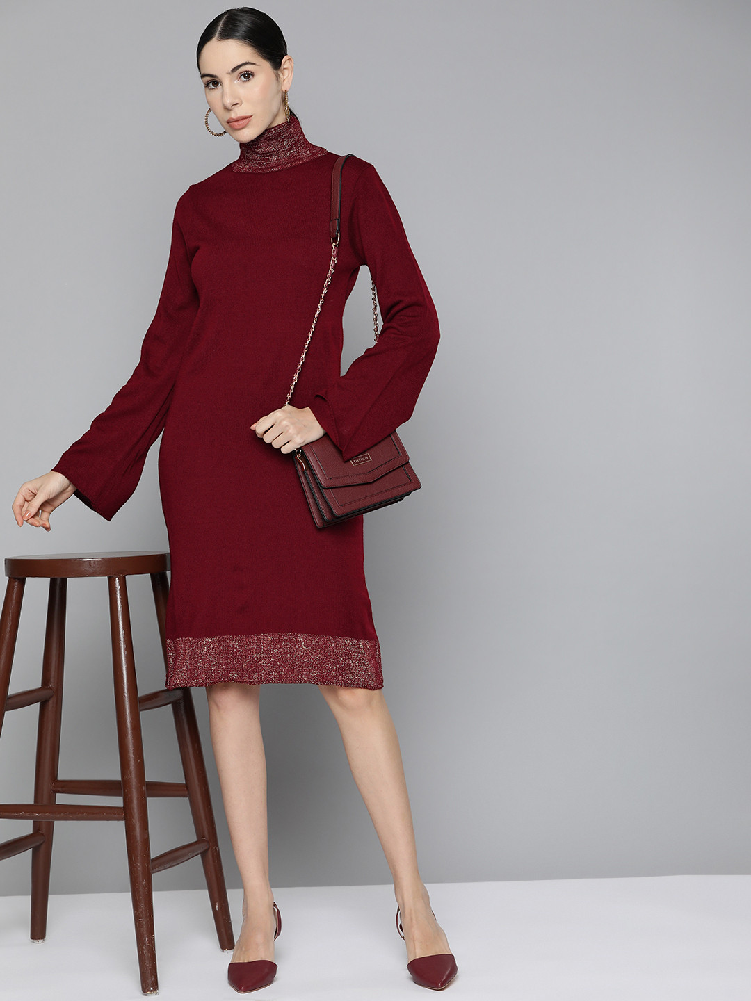 Chemistry Women Maroon Solid Acrylic Turtle Neck Flared Sleeves Sweater Dress
