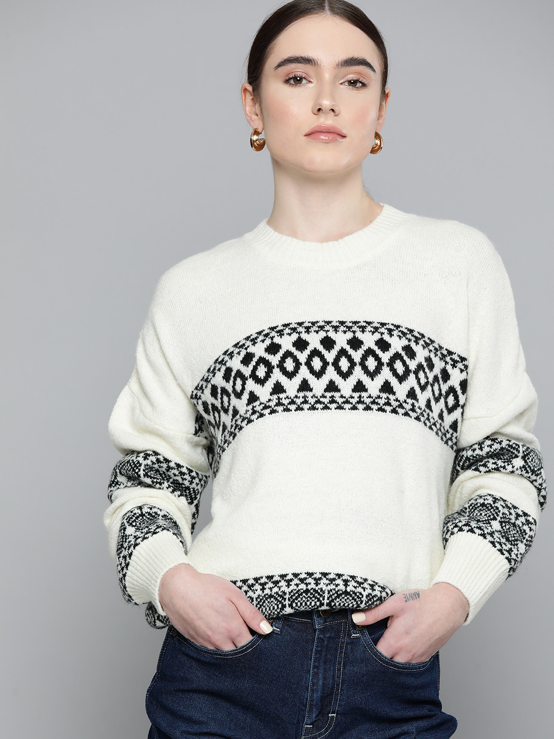 Chemistry Geometric Pattern Drop-Shoulder Sleeves Pullover