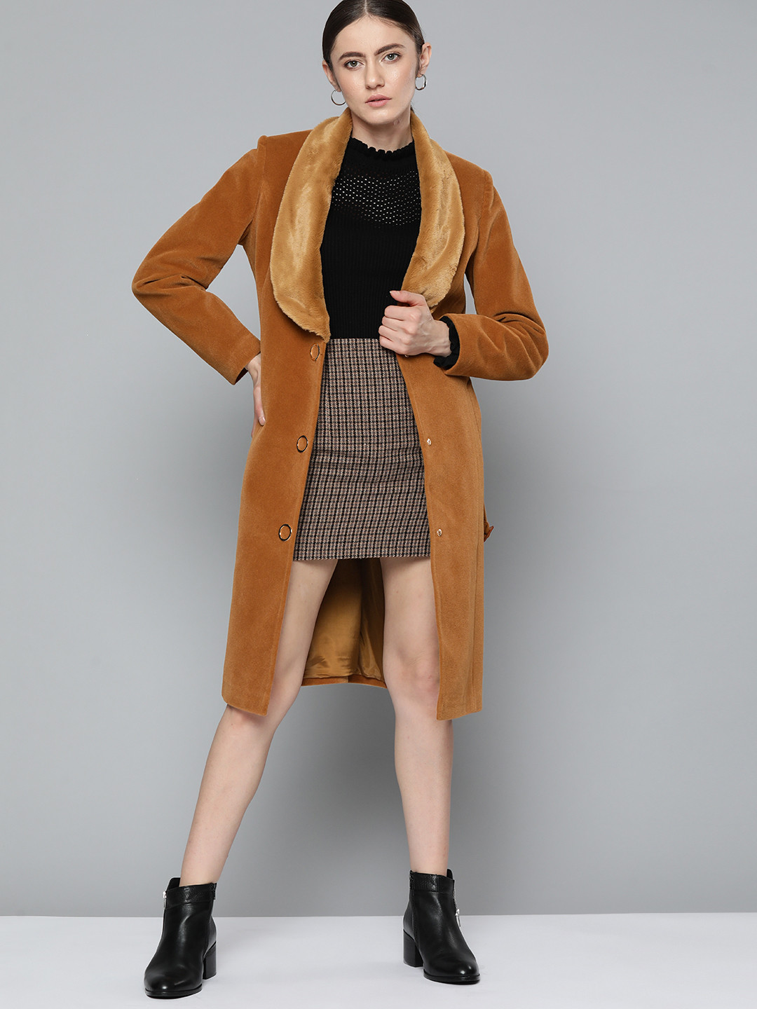 Chemistry Women Brown Solid Open Front Faux Fur Collared Longline Overcoat