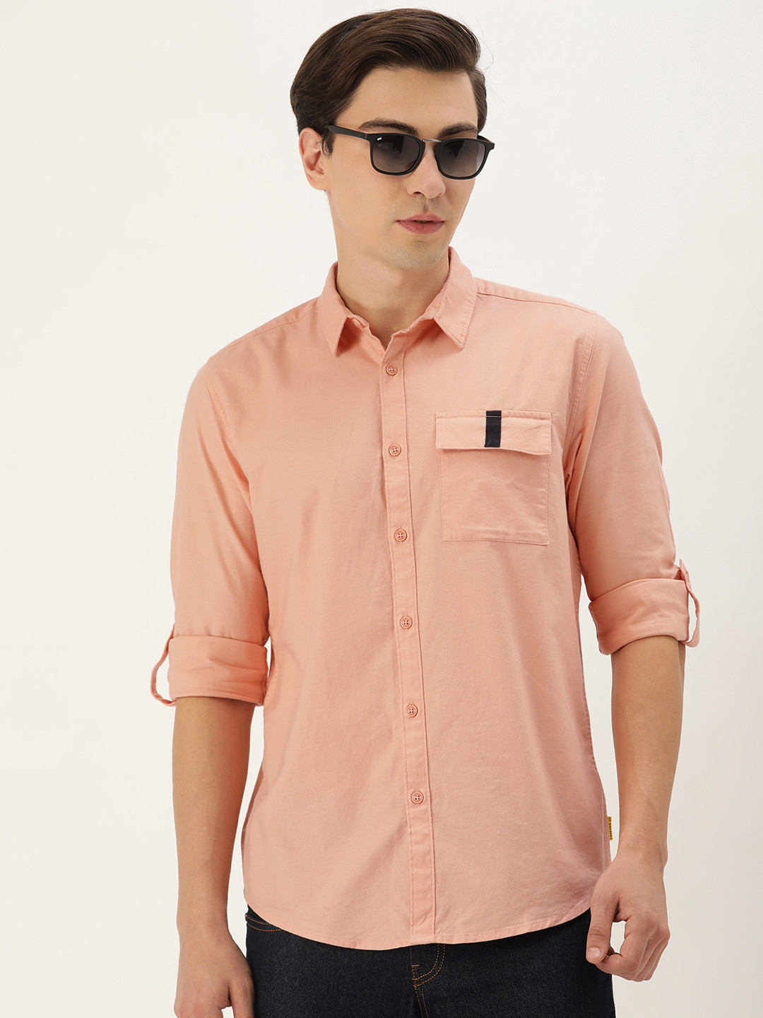 FOREVER 21 Men Peach-Coloured Solid Regular Fit Casual Shirt