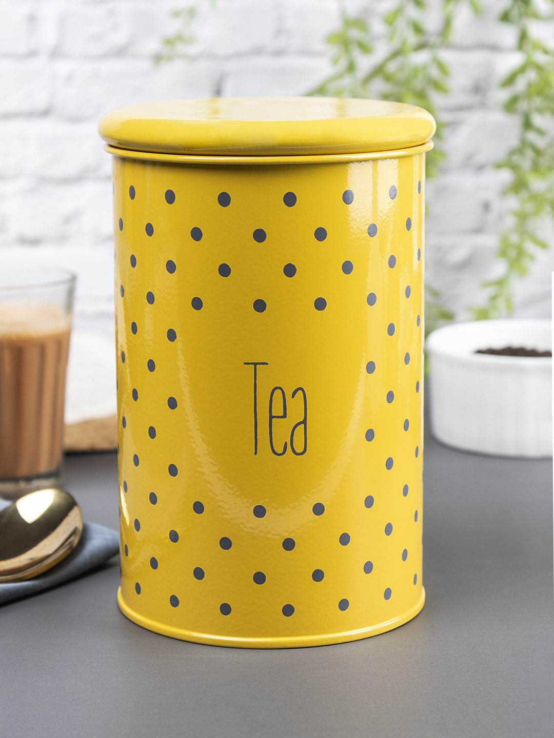 Market99 Yellow Polka Dots Metal Air Tight Flip Top Canister-900ml