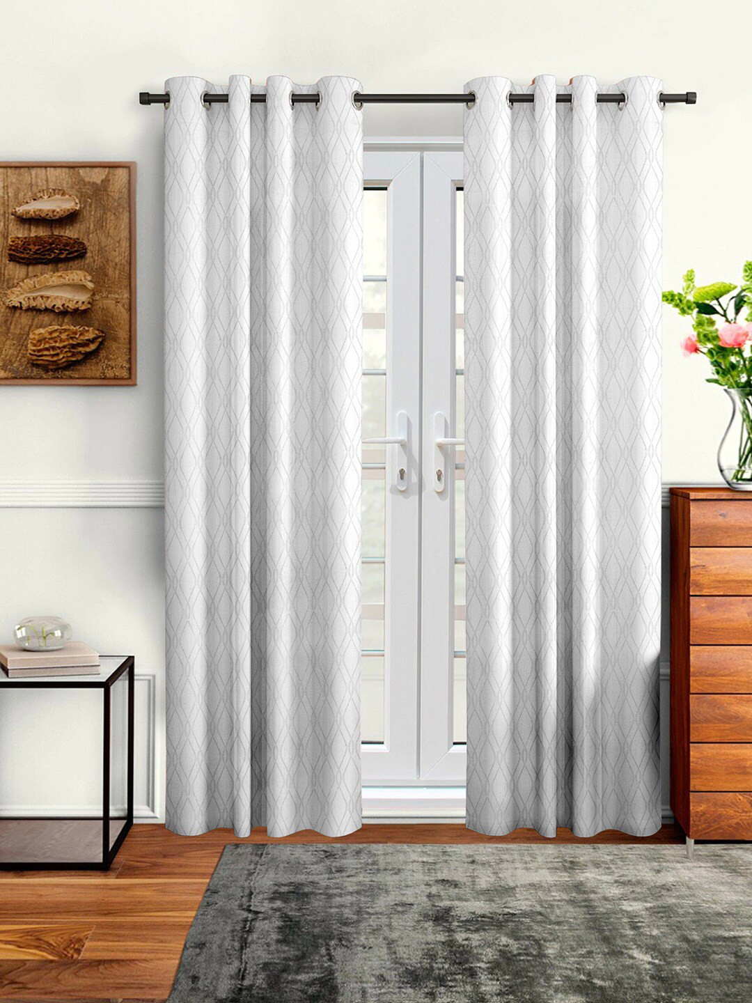 Cortina Set of 2 White Embossed Abstract Print Long Door Curtains