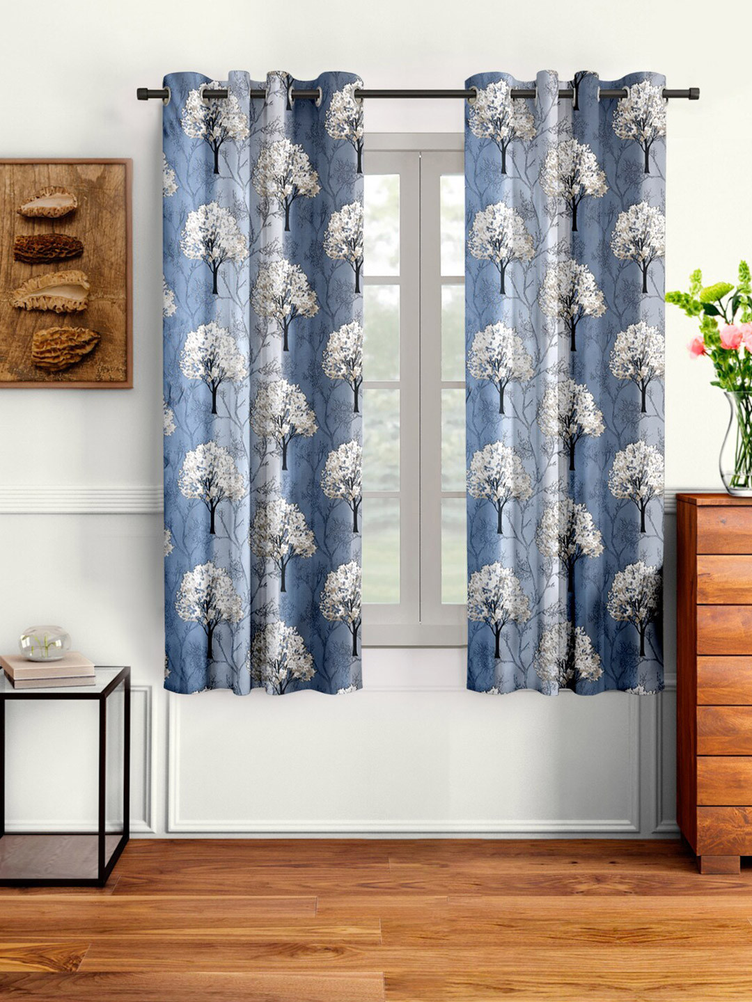 Cortina Set of 2 Blue & White Floral Window Curtains