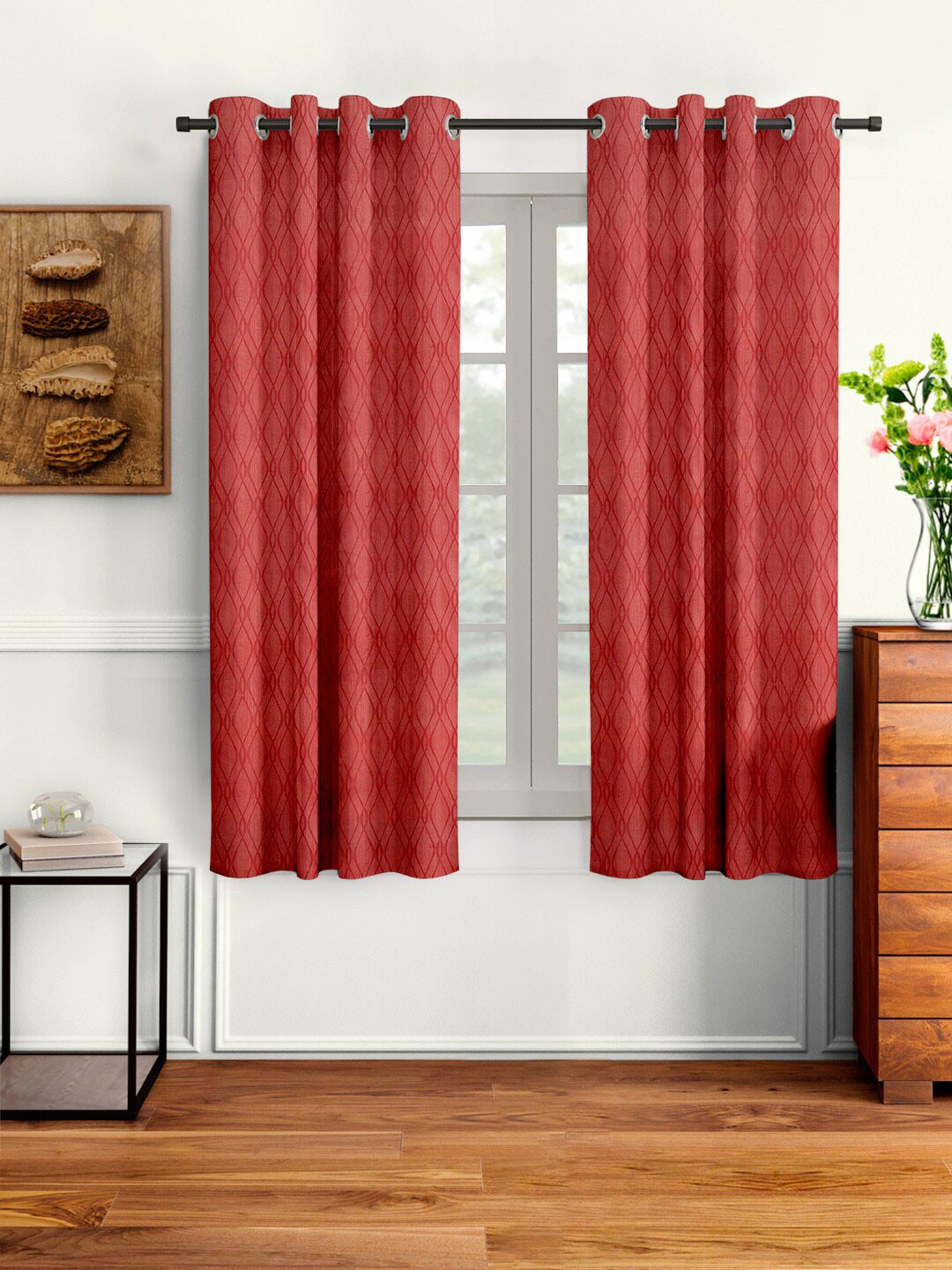 Cortina Set of 2 Red Embossed Abstract Print Polyester Window Curtains
