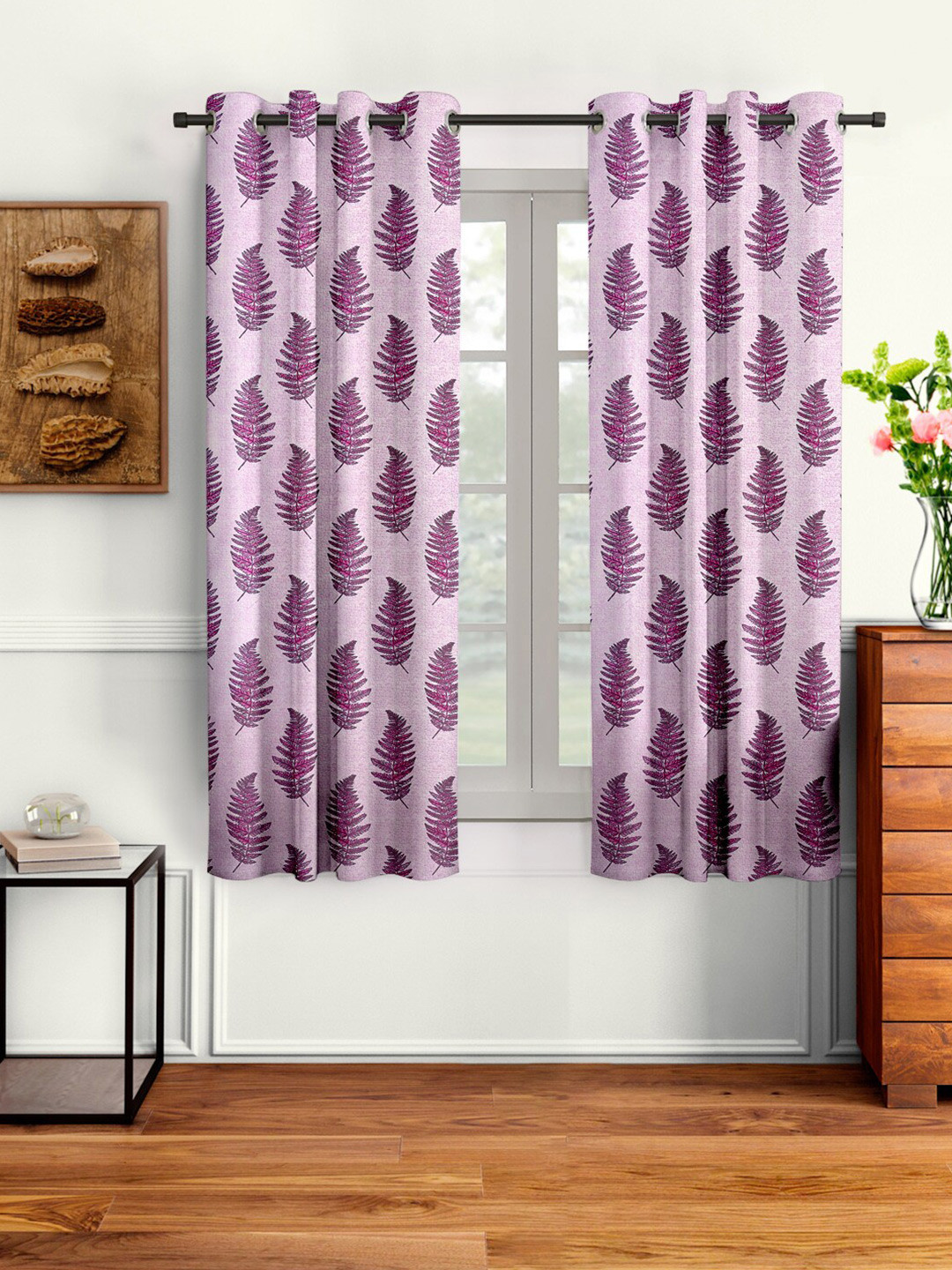 Cortina Set Of 2 Pink & Black Floral Regular Window Curtains