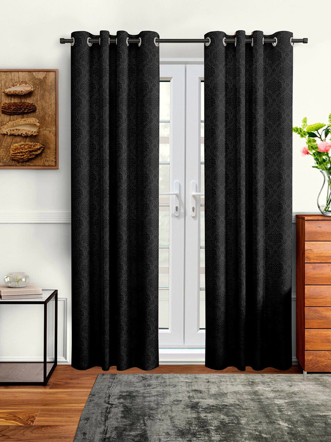 Cortina Black Set of 2 Embossed Damask Print Long Door Curtains