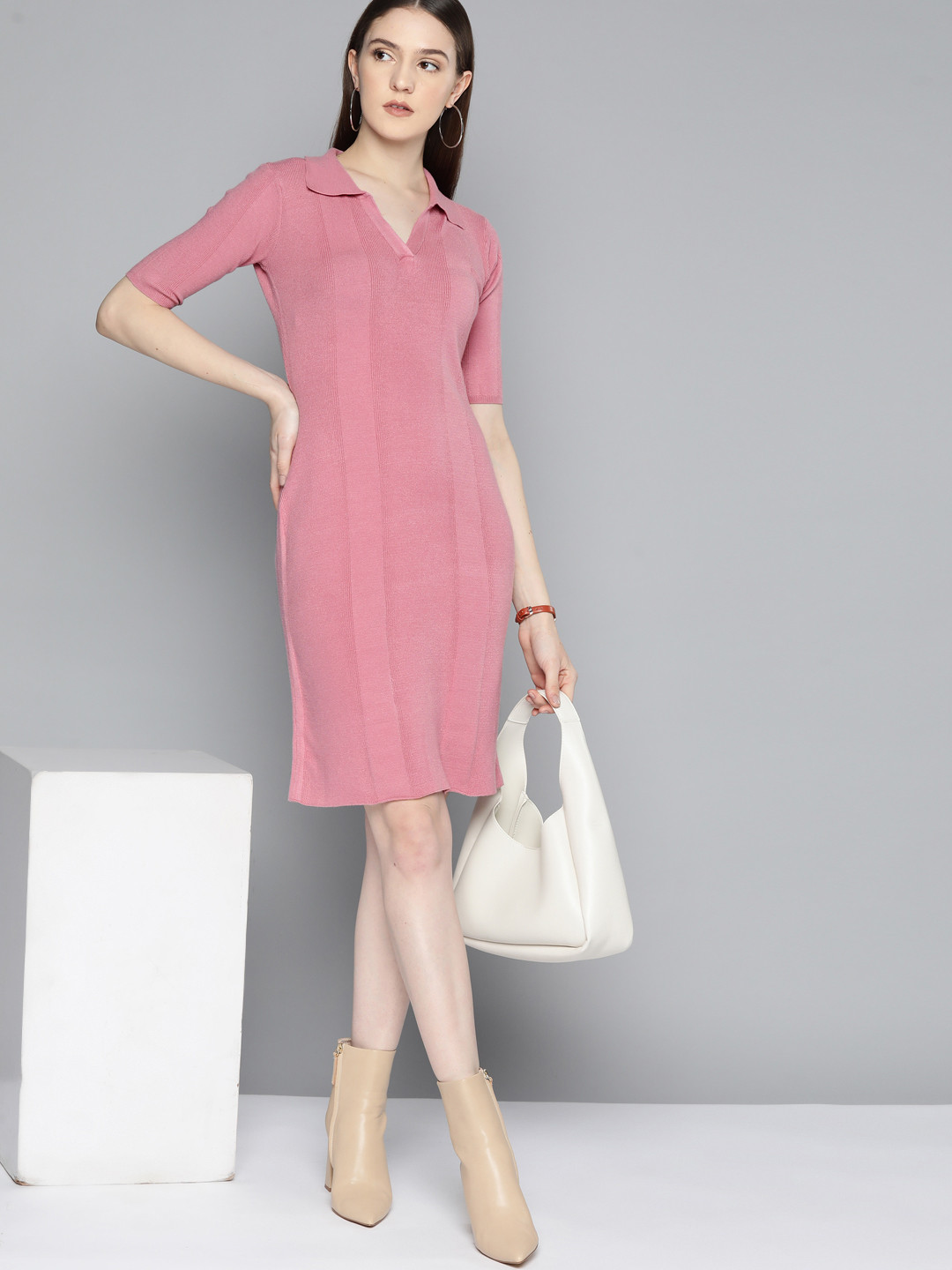 Chemistry Ribbed Shirt Collar Sheath Dress