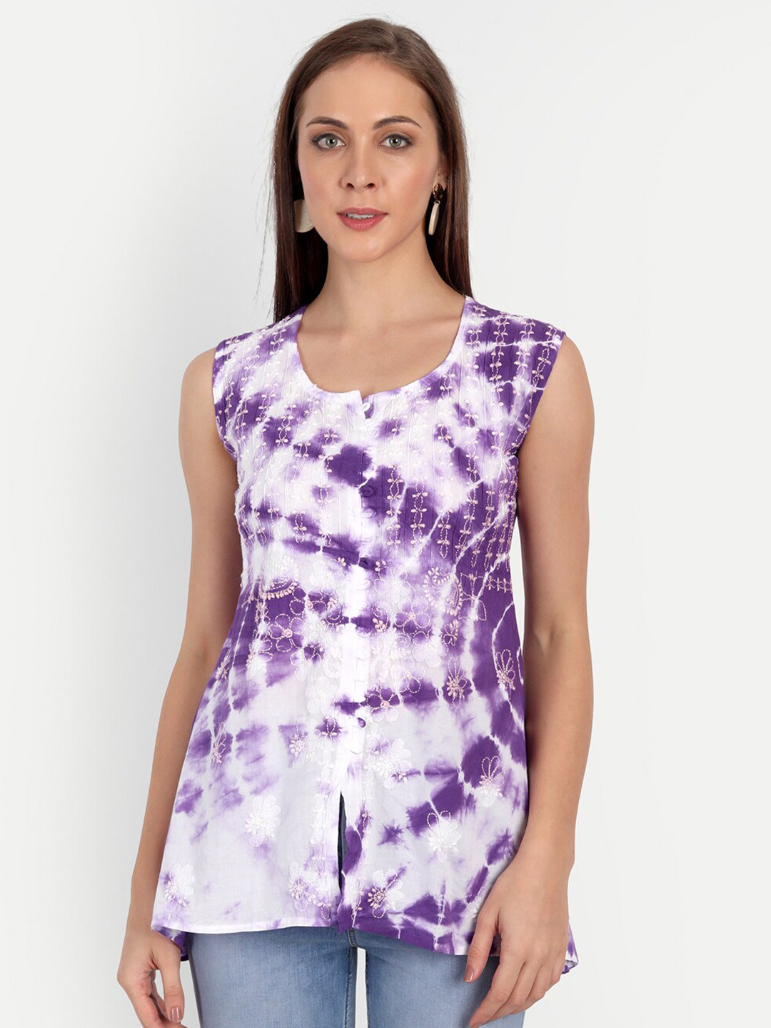 Indiankala4u White & Purple Tie & Dye Printed Chikankari Pure Cotton A-line Top