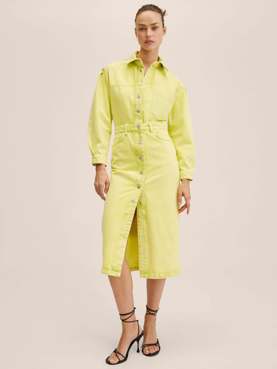 MANGO Green Solid Cotton Denim Shirt Midi Dress