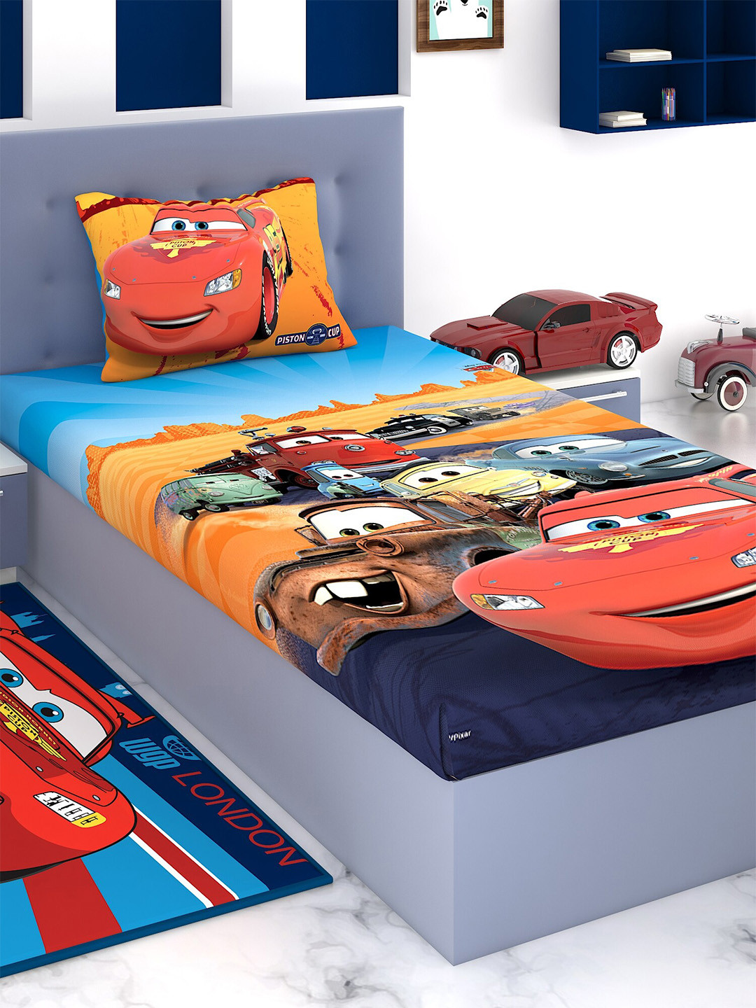 Disney Athom Living Disney Piston Cups Cars Red Cartoon Characters Cotton 180 TC Single Fine Bedsheet with a Pillow Cover-88 x 58 inches