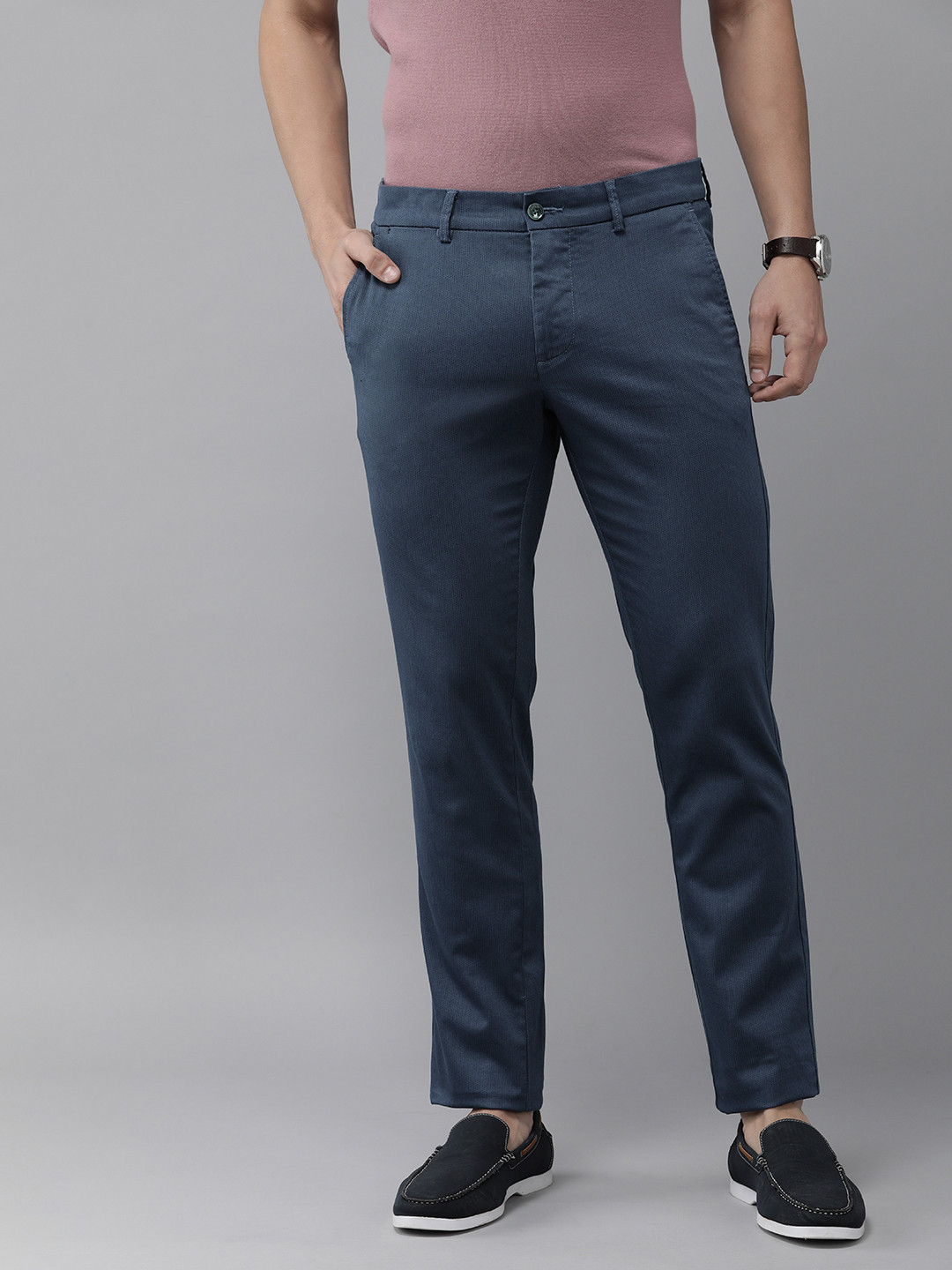 Arrow Sport Men Blue Printed Original Slim Fit Low-Rise Regular Trousers