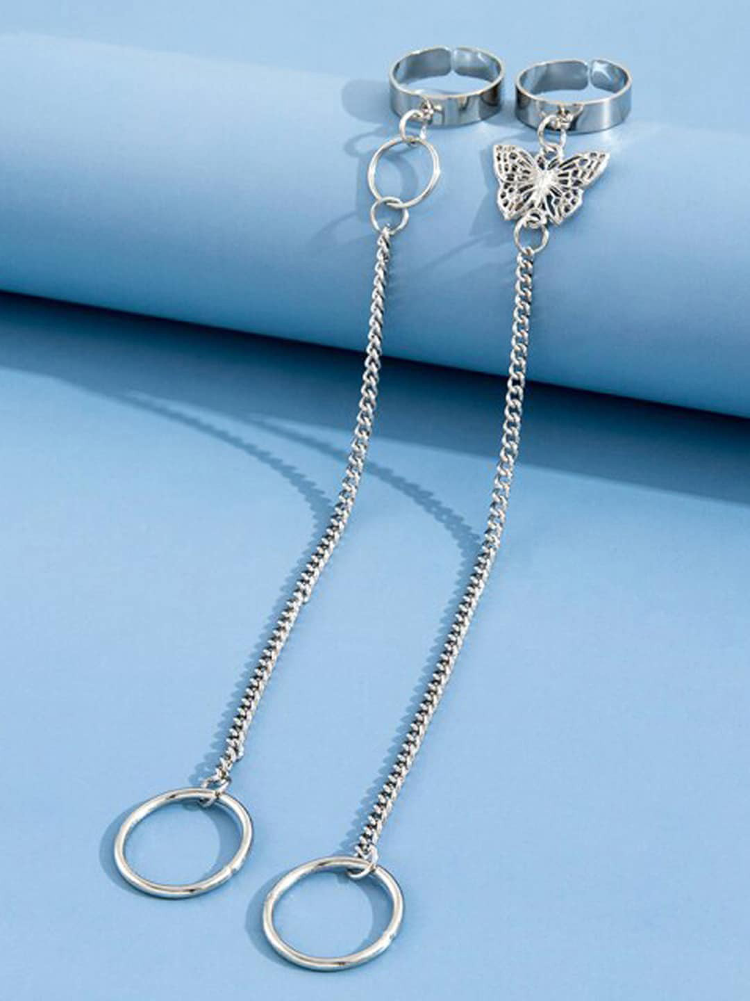 Jewels Galaxy Set Of 2 Silver-Plated Chained Design Finger Ring