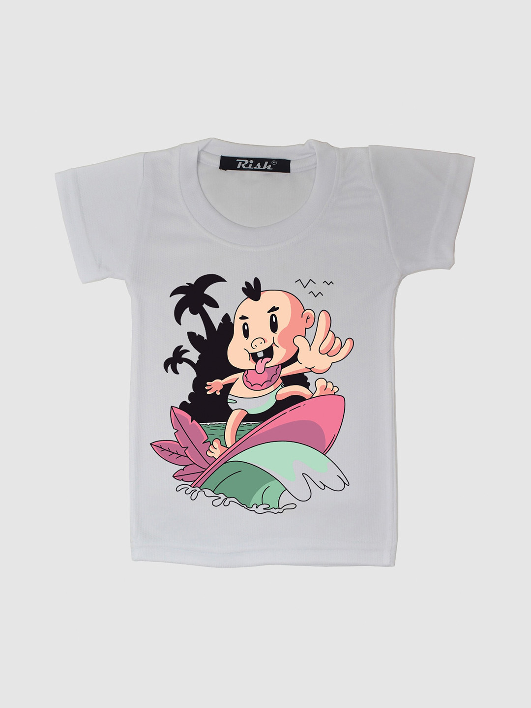 RISH Kids White & Black Surfing Baby Printed Oversized  T-shirt