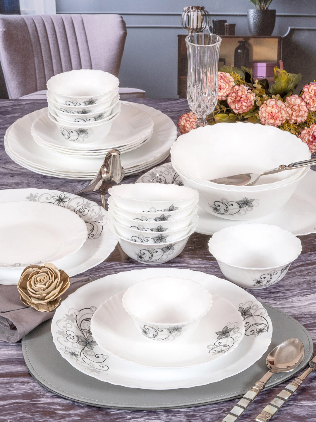 Cello Set Of 33 White & Grey Floral Printed Opalware Glossy Dinner Set