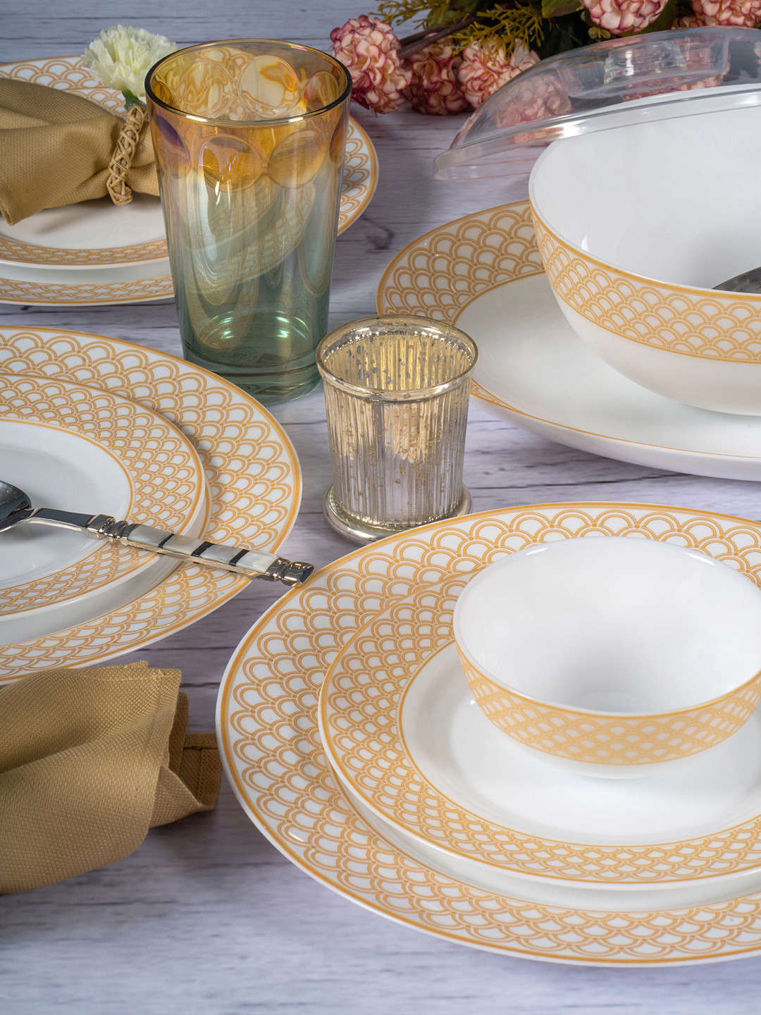 Cello Ariana White Floral Opalware Dishwasher and Microwave Safe 27 Piece Dinner Set