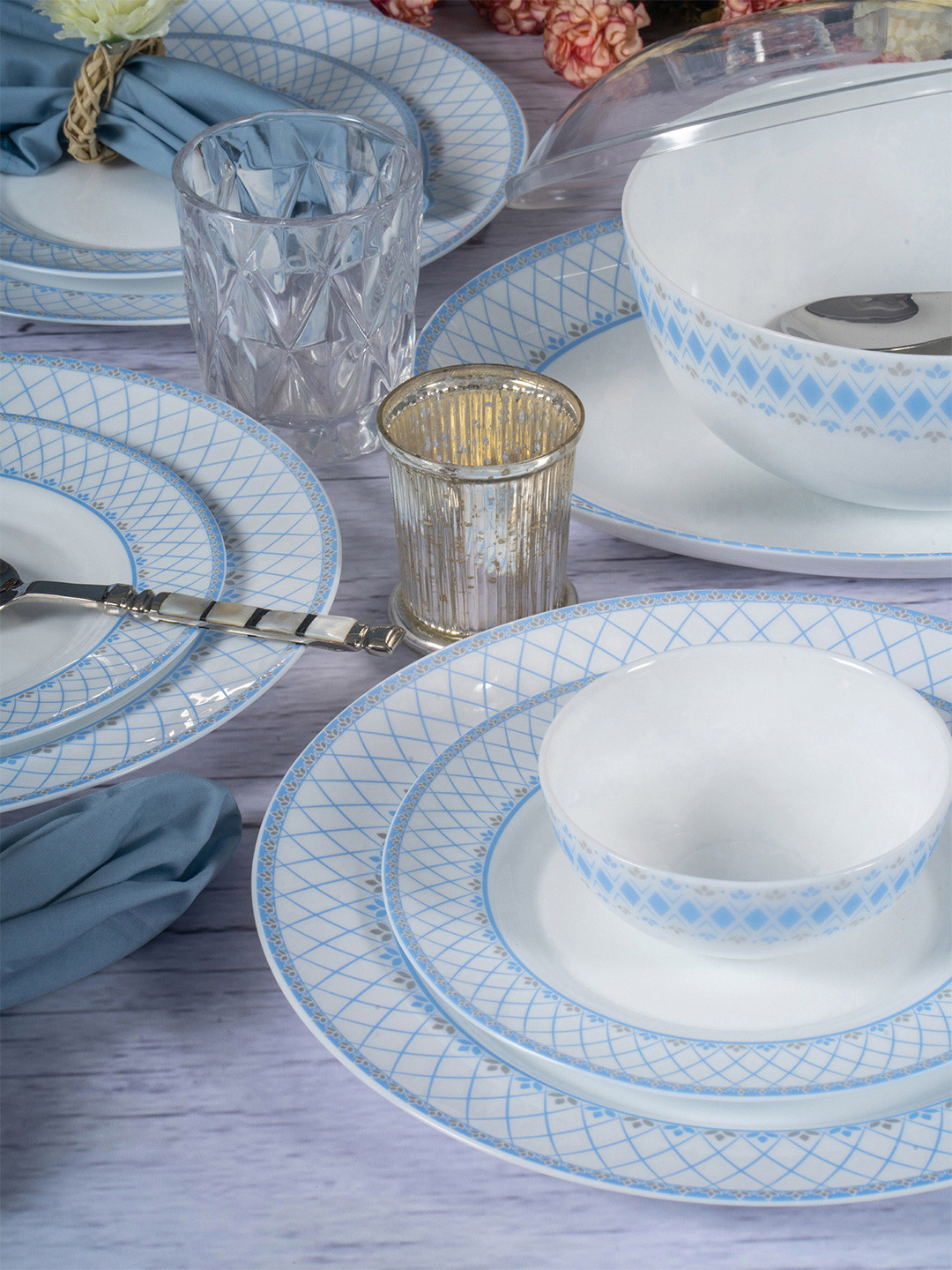 Cello Set Of 27 White & Blue Floral Printed Opalware Glossy Dinner Set