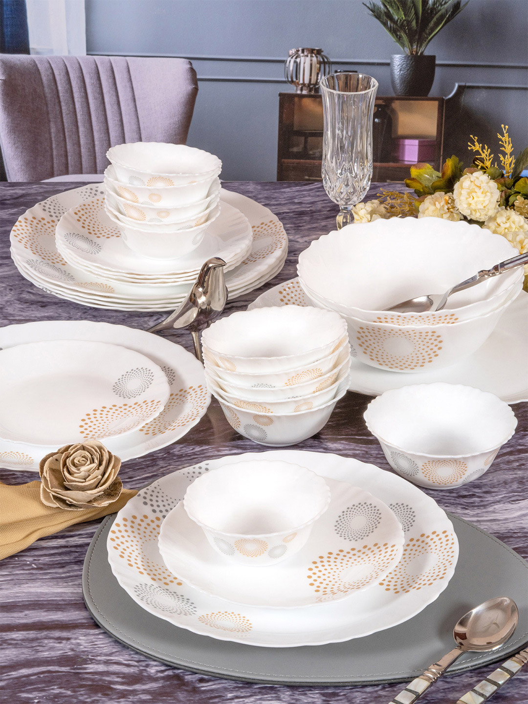 Cello White & Grey 33 Pieces Floral Printed Opalware Glossy Dinner Set