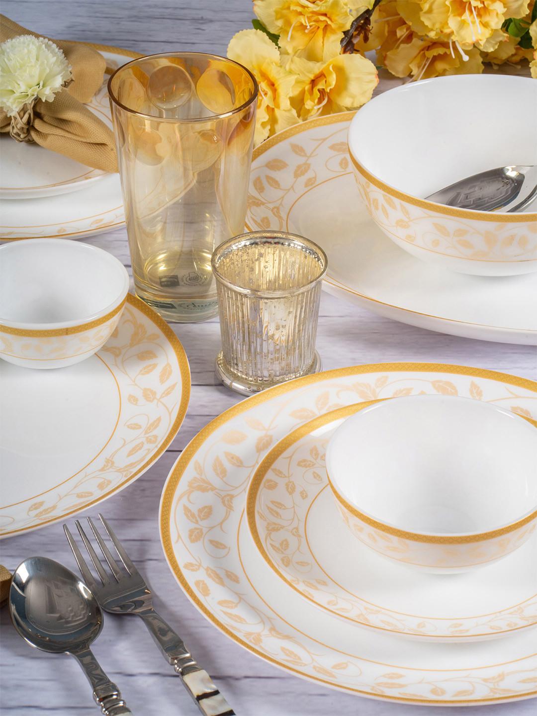 Cello White Leaf Opalware Dishwasher and Microwave Safe 27 Piece Dinner Set