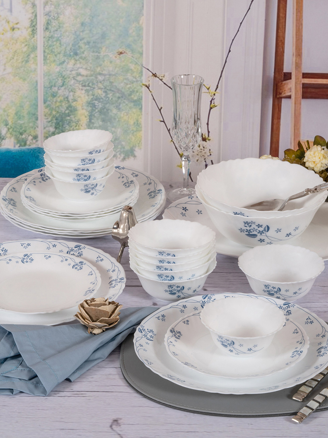 Cello White & Blue 33 Pieces White & Blue Floral Printed Opalware Glossy Dinner Set