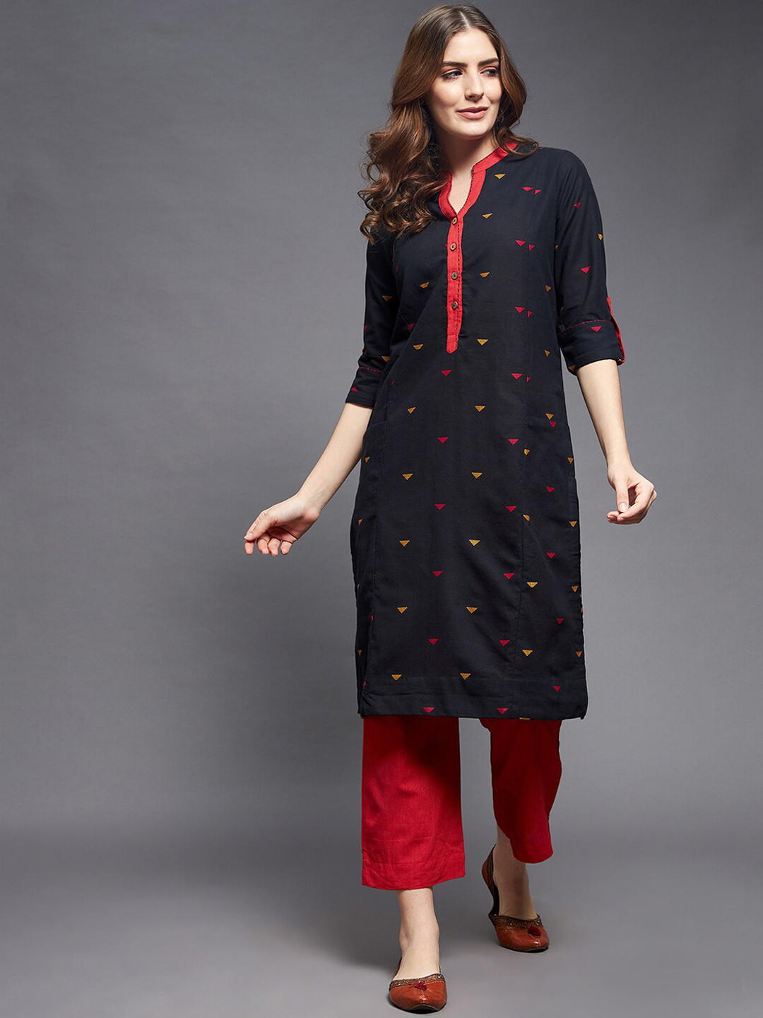 Indian Dobby Women Black & Red Geometric Printed Thread Work Dobby Kurta