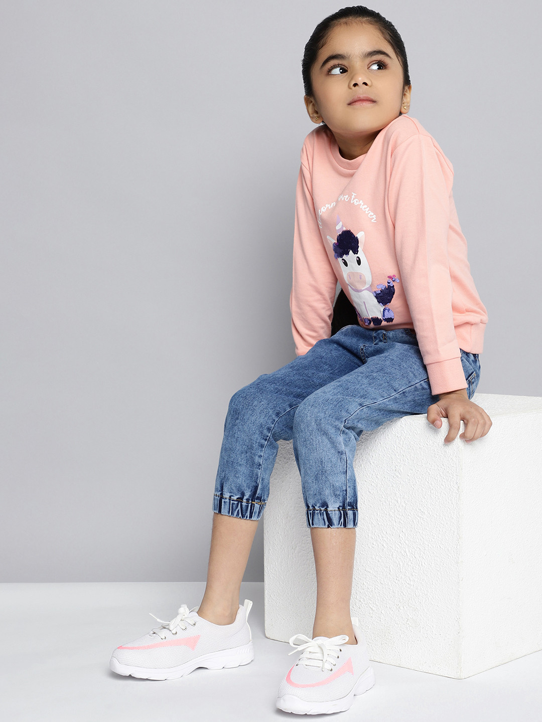 HERE&NOW Girls Blue Clean Look Stretchable Cropped Jogger Jeans