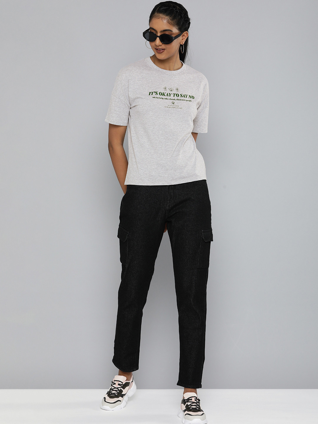 HERE&NOW Women Grey Typography Printed Extended Sleeves T-shirt