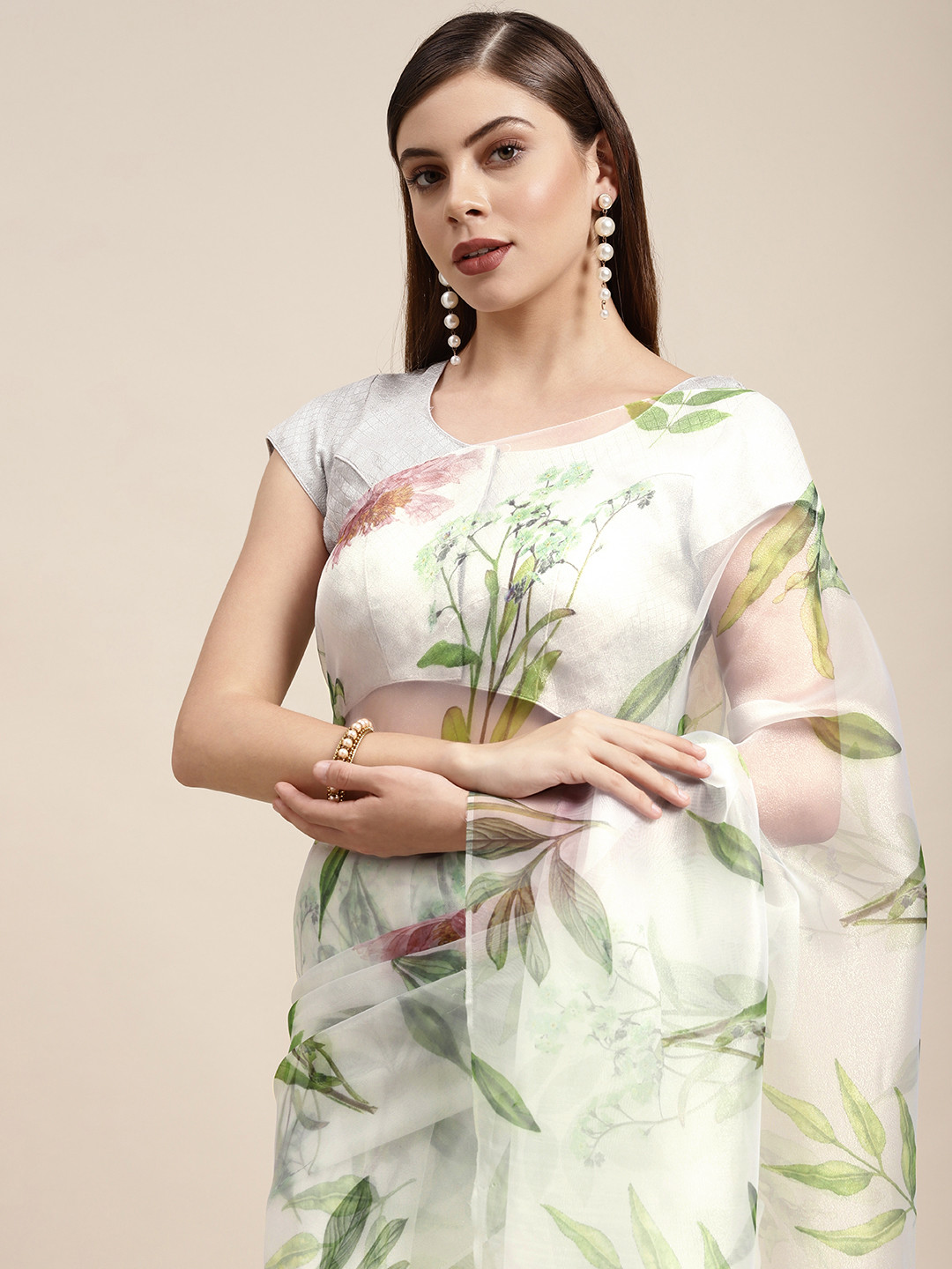 Mitera White & Green Floral Organza Saree