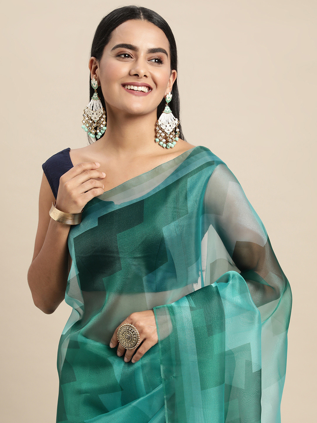 Mitera Green Organza Geometric Print Saree