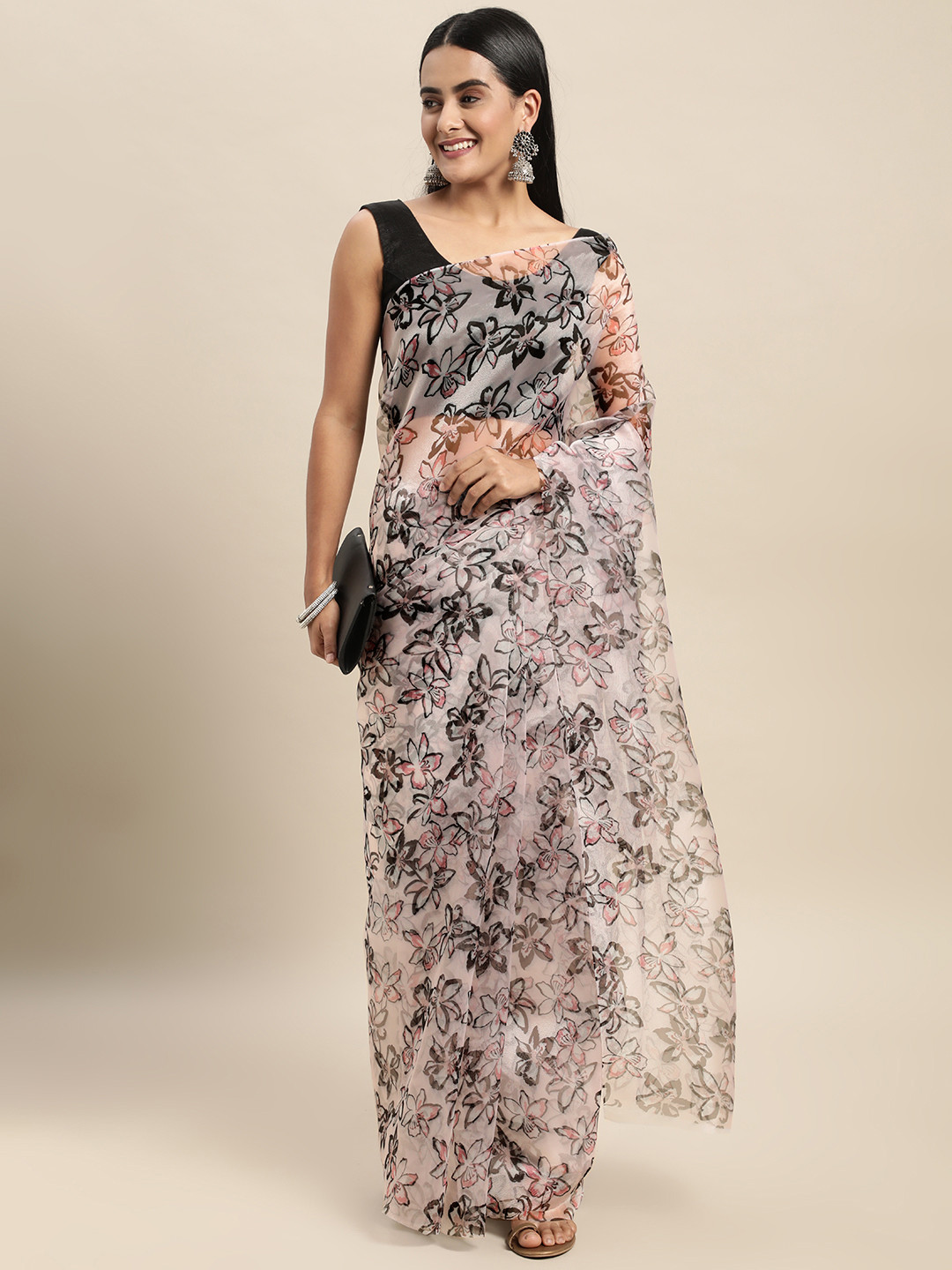 Mitera White & Black Floral Organza Saree