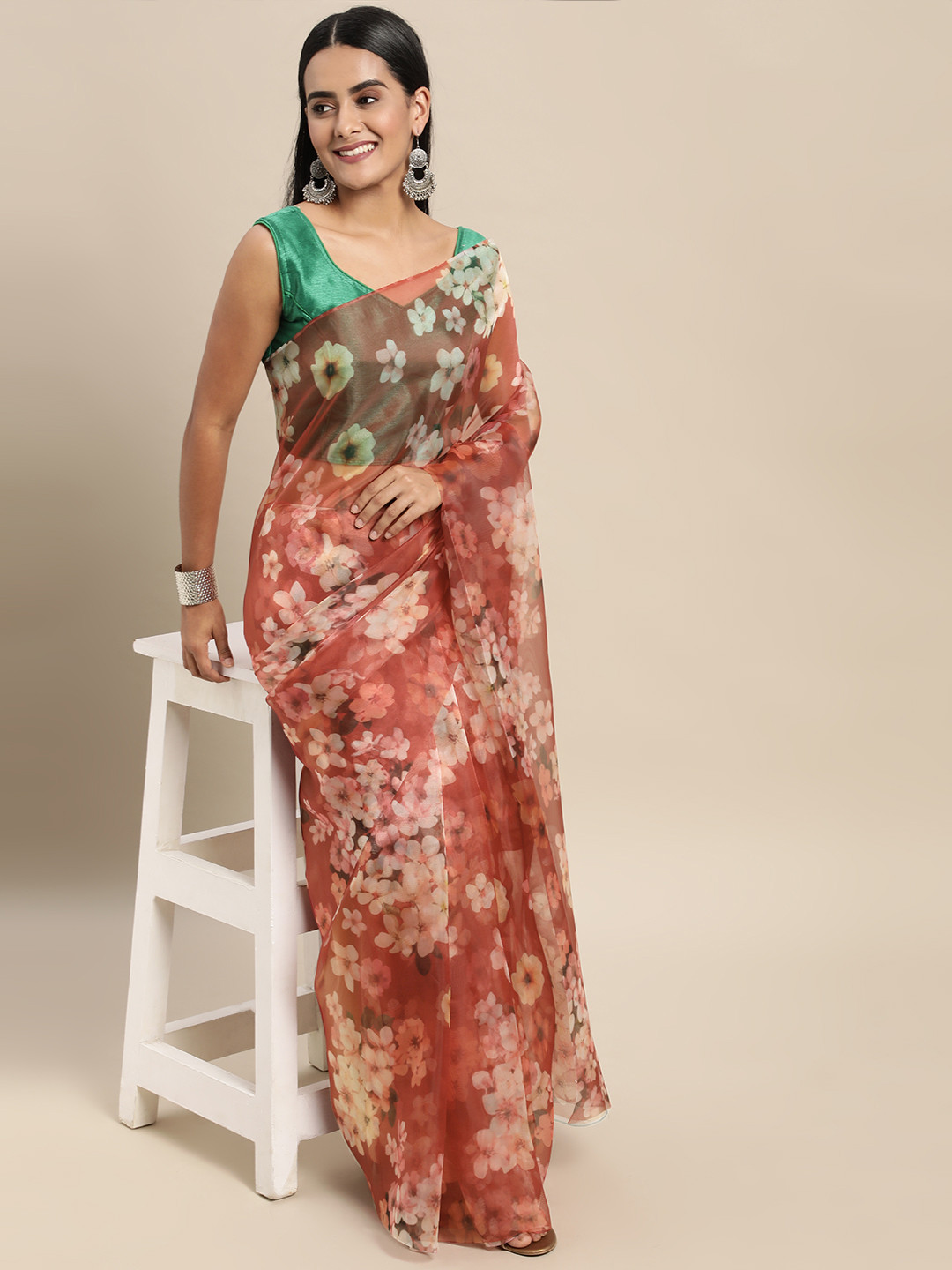Mitera Maroon Floral Organza Saree