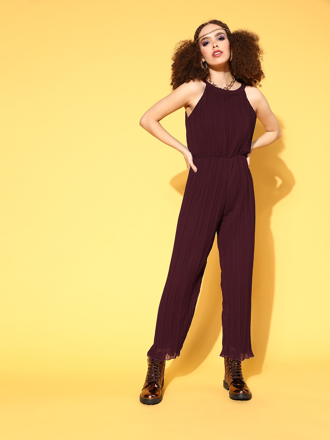 U&F Women Purple Solid Joyful Jumpsuit