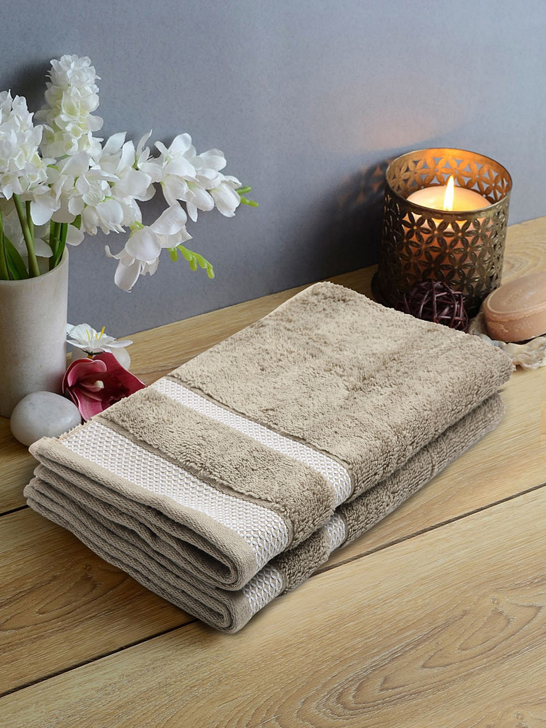 SPACES Set Of 2 Brown Solid 600 GSM Pure Cotton Hand Towels