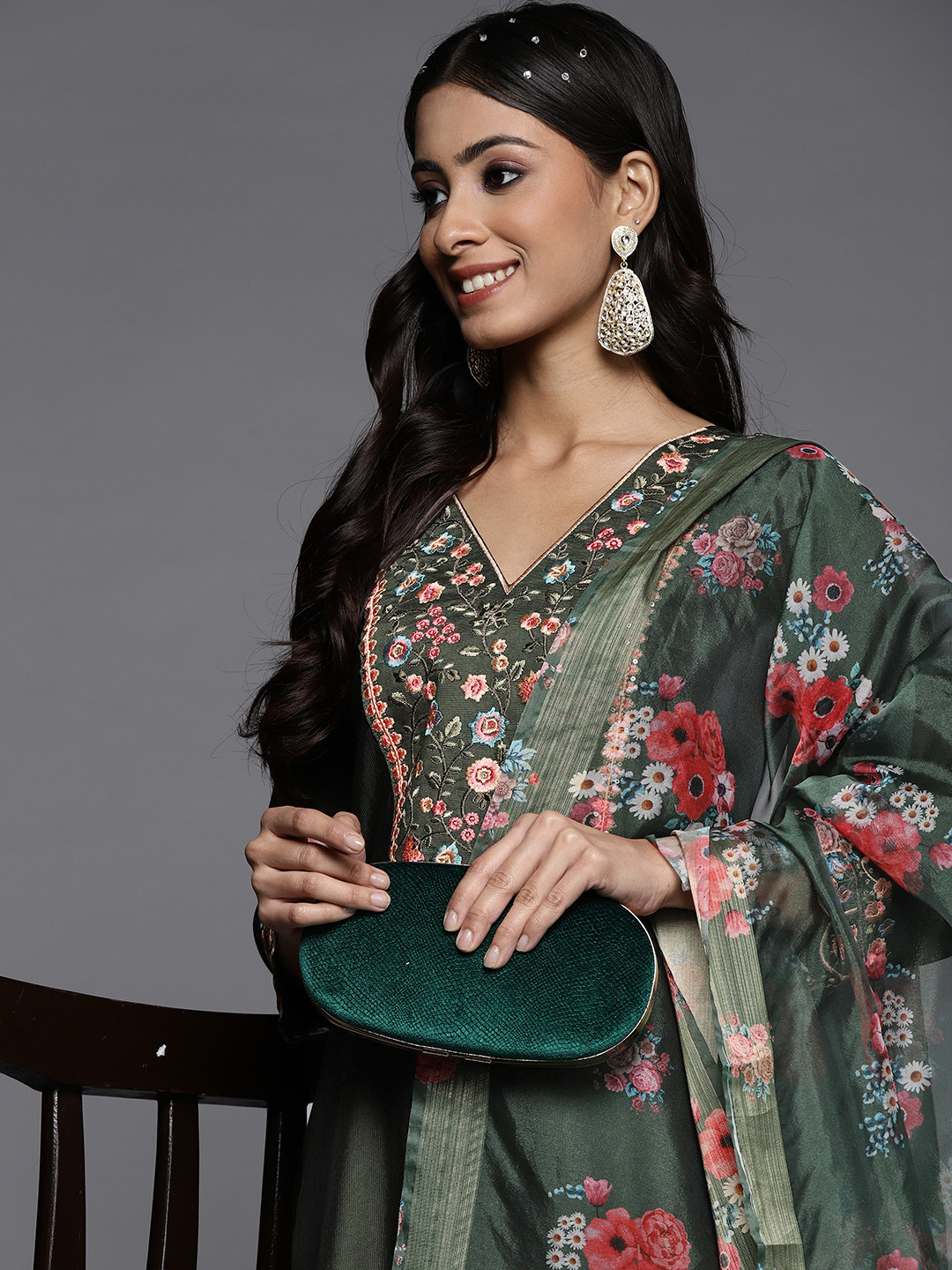 Indo Era Women Green Yoke Design Embroidered Liva Kurta with Palazzos & Dupatta