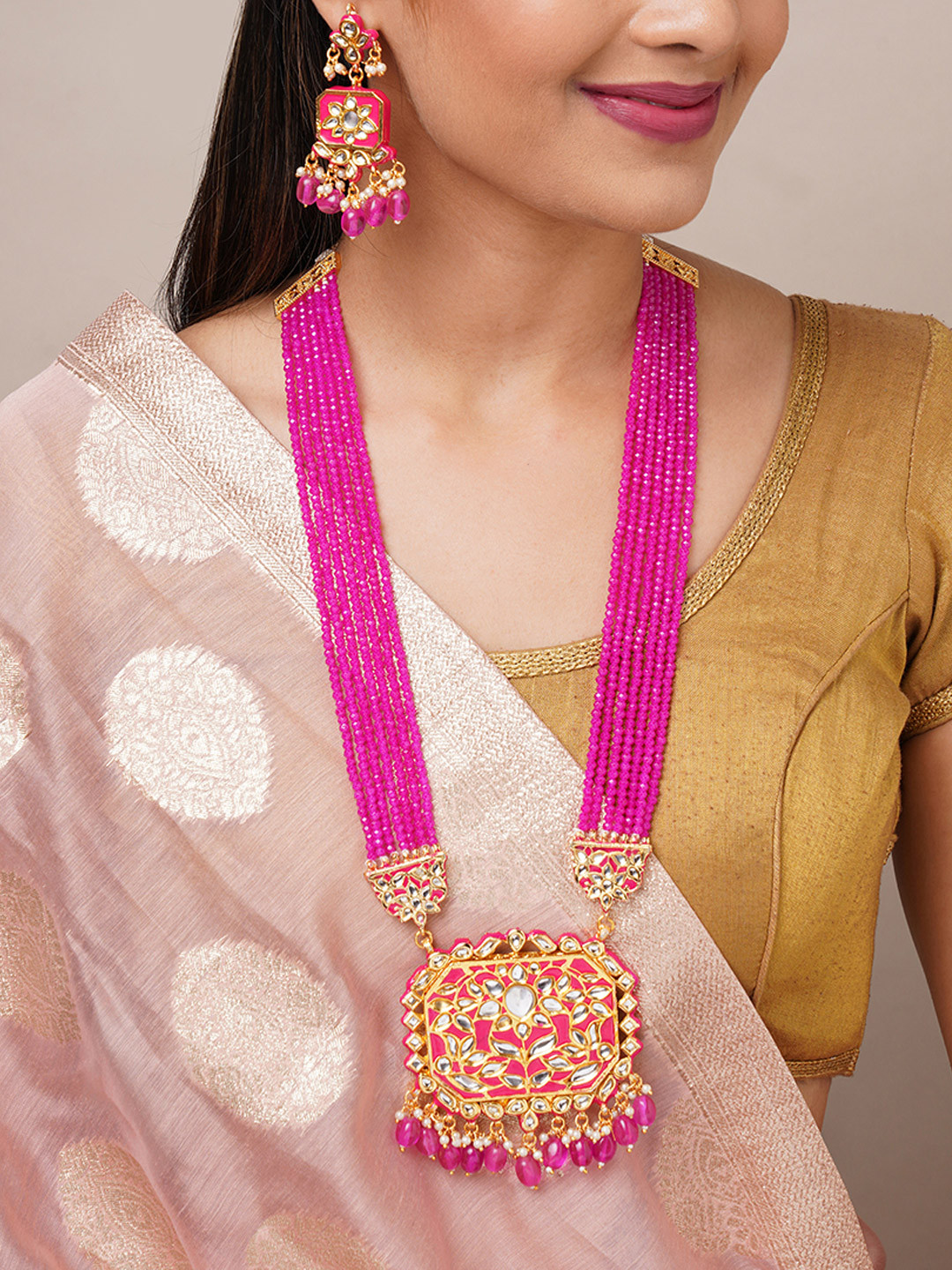 Binnis Wardrobe Silver-Plated German Silver Pink Stone Studded & Beaded Jewellery Set