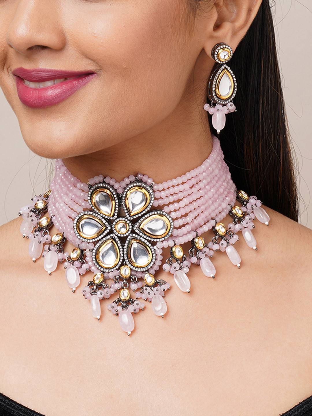 Binnis Wardrobe Gold-Plated & Pink Stone Studded & Beaded Jewellery Set