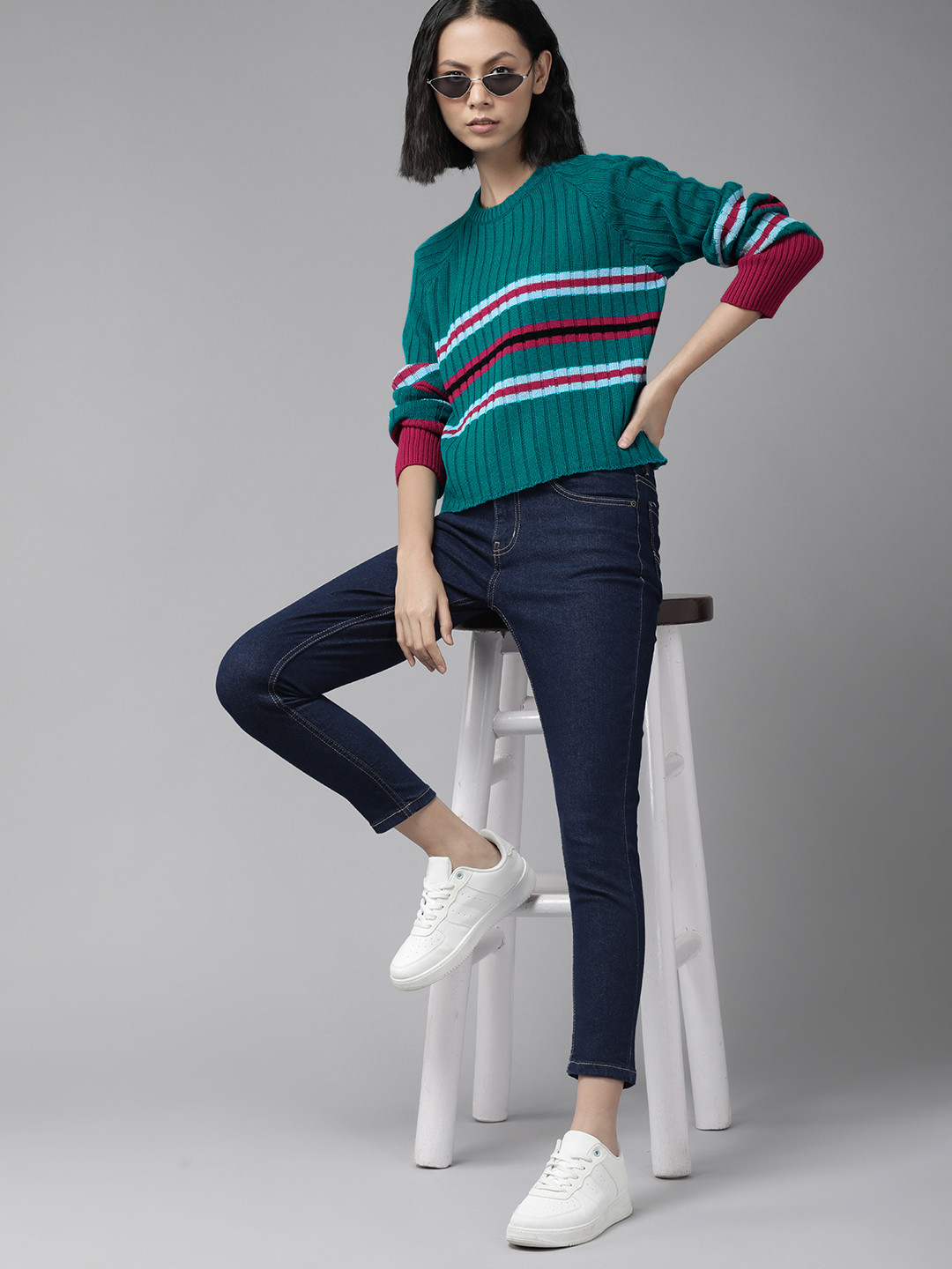 The Roadster Lifestyle Co. Women Teal Green Striped Acrylic Raglan Sleeves Pullover