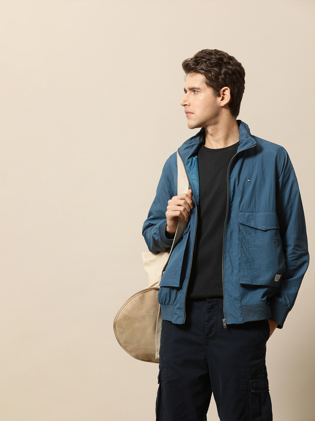 Mr Bowerbird Men Navy Blue Lightweight Solid Hooded Bomber Jacket