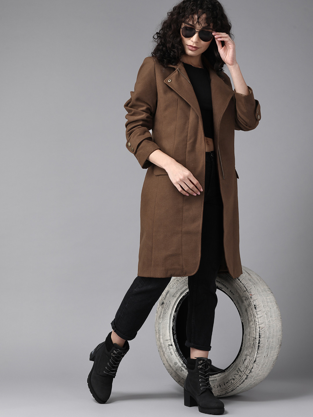 Roadster Women Brown Solid Longline Tailored Jacket