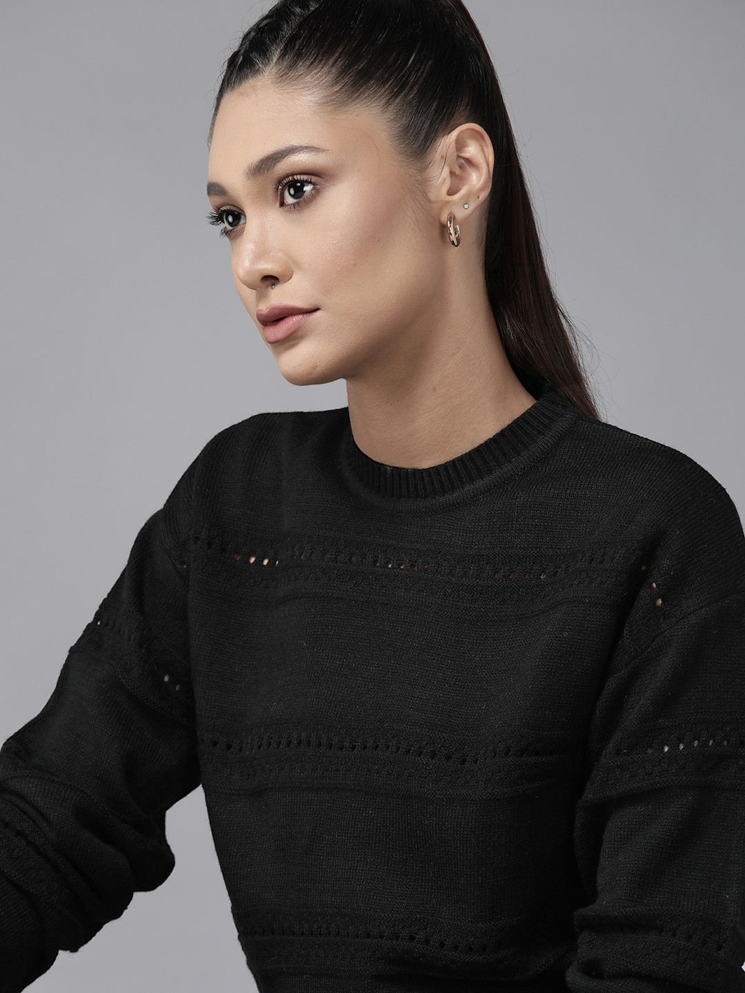 Roadster Women Black Cable Knit Pullover