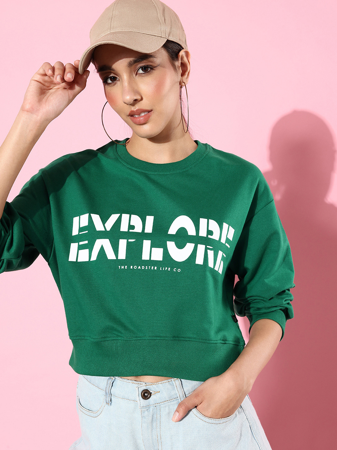The Roadster Life Co. Fresh Green Typography Printed Crop Hyper Graphics Sweatshirt