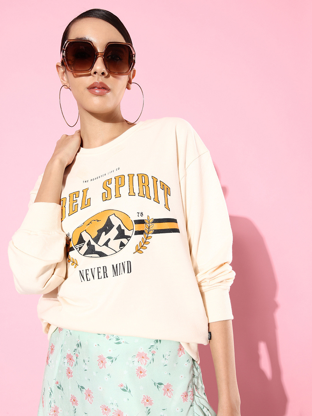The Roadster Life Co. Creamy Cream Printed Hello Monsoon Hyper Graphics Sweatshirt