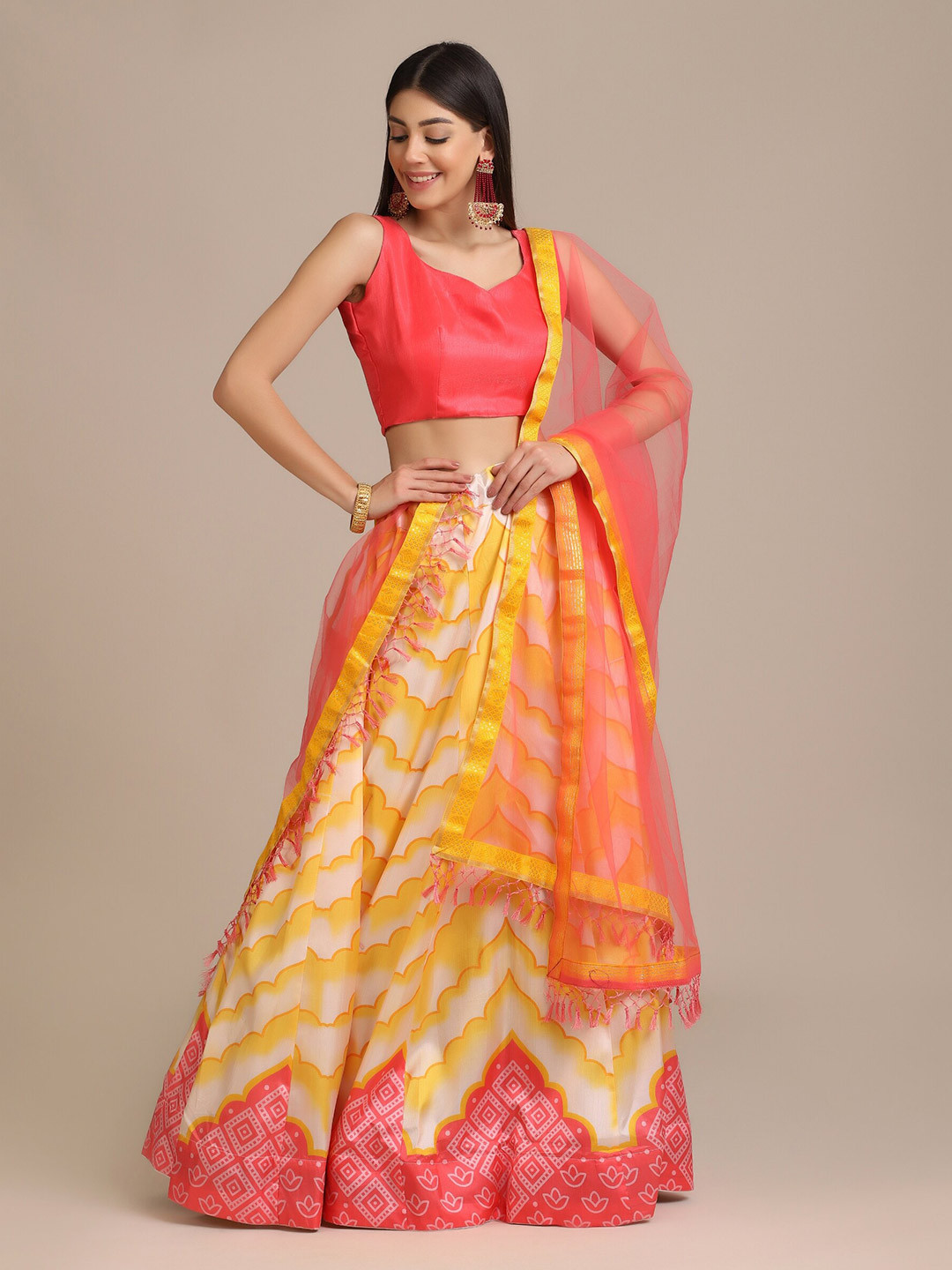 Warthy Ent White & Red Printed Semi-Stitched Lehenga & Unstitched Blouse With Dupatta
